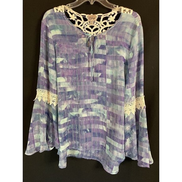 Como Vintage Blue White Bell Sleeve V Neck Tunic Blouse Med Crochet Boho Hippie - Picture 1 of 9